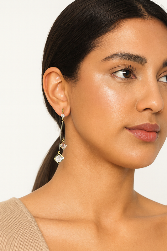 Elegant Gold Plated Long Drop Earrings for Women and Girls with Dual Square CZ Stones, Lightweight Dangler Jewellery