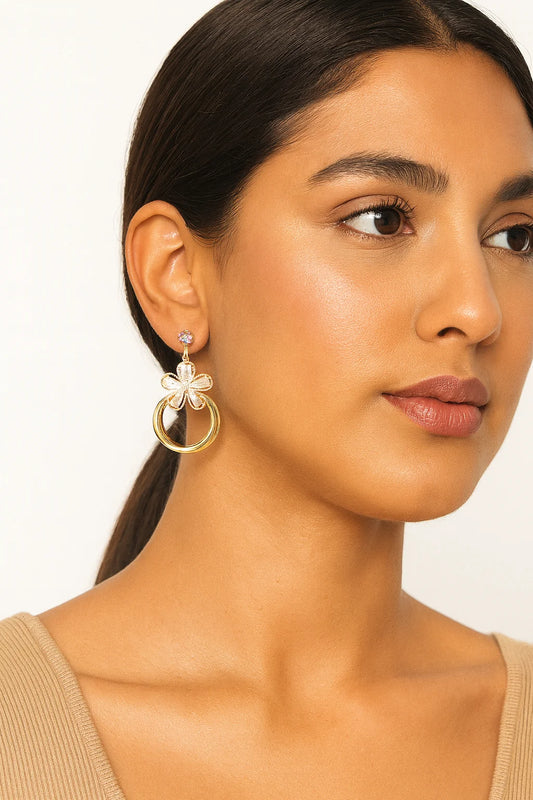 Gold Plated Floral Hoop Earrings for Women and Girls, CZ Stone Flower Dangler Party Fashion Jewellery