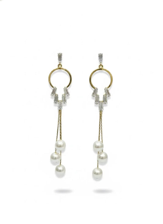 Gold Plated Pearl Long Drop Earrings for Women and Girls, CZ Hoop Dangler Party Statement Jewellery