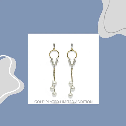 Gold Plated Pearl Long Drop Earrings for Women and Girls, CZ Hoop Dangler Party Statement Jewellery
