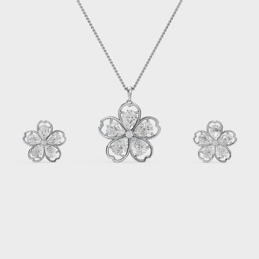 Floral Diamond-Cut Pendant & Earrings Set – 925 Silver