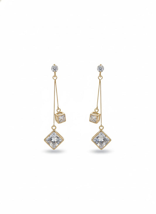 Elegant Gold Plated Long Drop Earrings for Women and Girls with Dual Square CZ Stones, Lightweight Dangler Jewellery