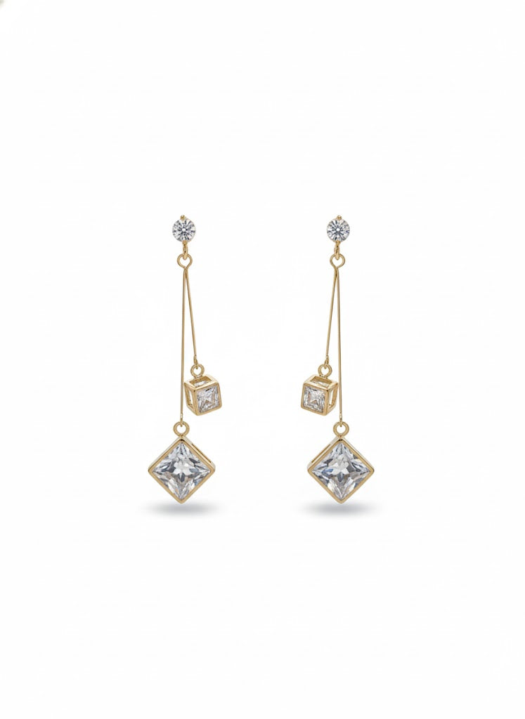 Elegant Gold Plated Long Drop Earrings for Women and Girls with Dual Square CZ Stones, Lightweight Dangler Jewellery