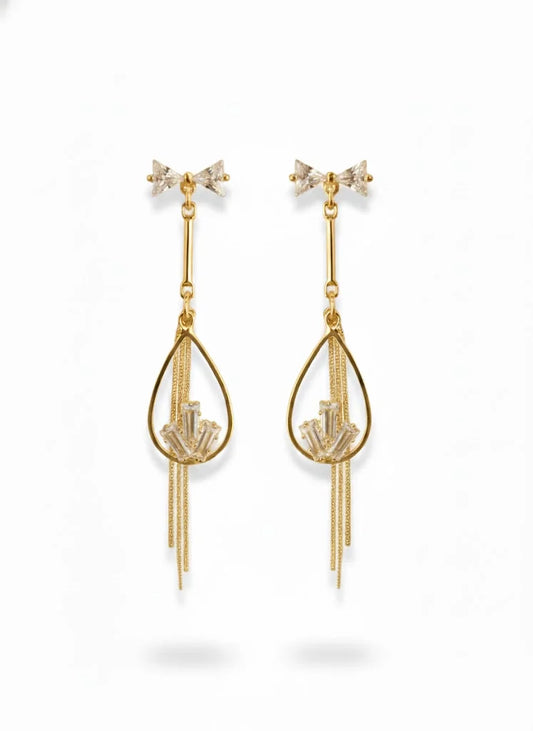 Gold Plated Long Teardrop CZ Dangler Earrings for Women and Girls, Chain Tassel Party Statement Jewellery