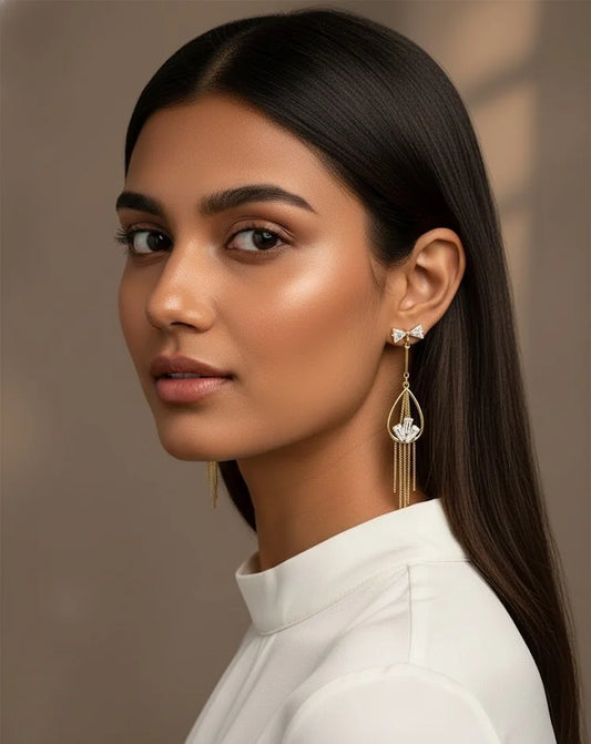 Gold Plated Long Teardrop CZ Dangler Earrings for Women and Girls, Chain Tassel Party Statement Jewellery