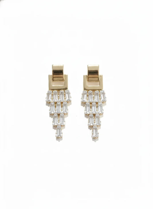 Gold Plated Crystal Fringe Earrings for Women and Girls, Baguette CZ Stud Dangler Party Fashion Jewellery