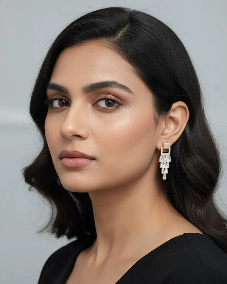 Gold Plated Crystal Fringe Earrings for Women and Girls, Baguette CZ Stud Dangler Party Fashion Jewellery