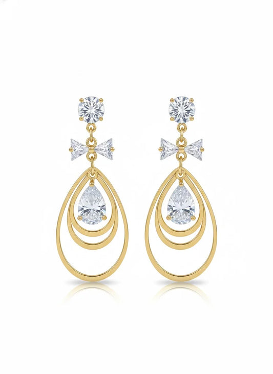 Gold Plated Teardrop CZ Dangler Earrings for Women and Girls, Triple Layer Drop Wear Statement Jewellery, Limited Edition
