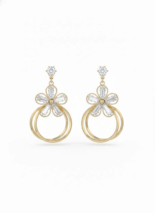 Gold Plated Floral Hoop Earrings for Women and Girls, CZ Stone Flower Dangler Party Fashion Jewellery
