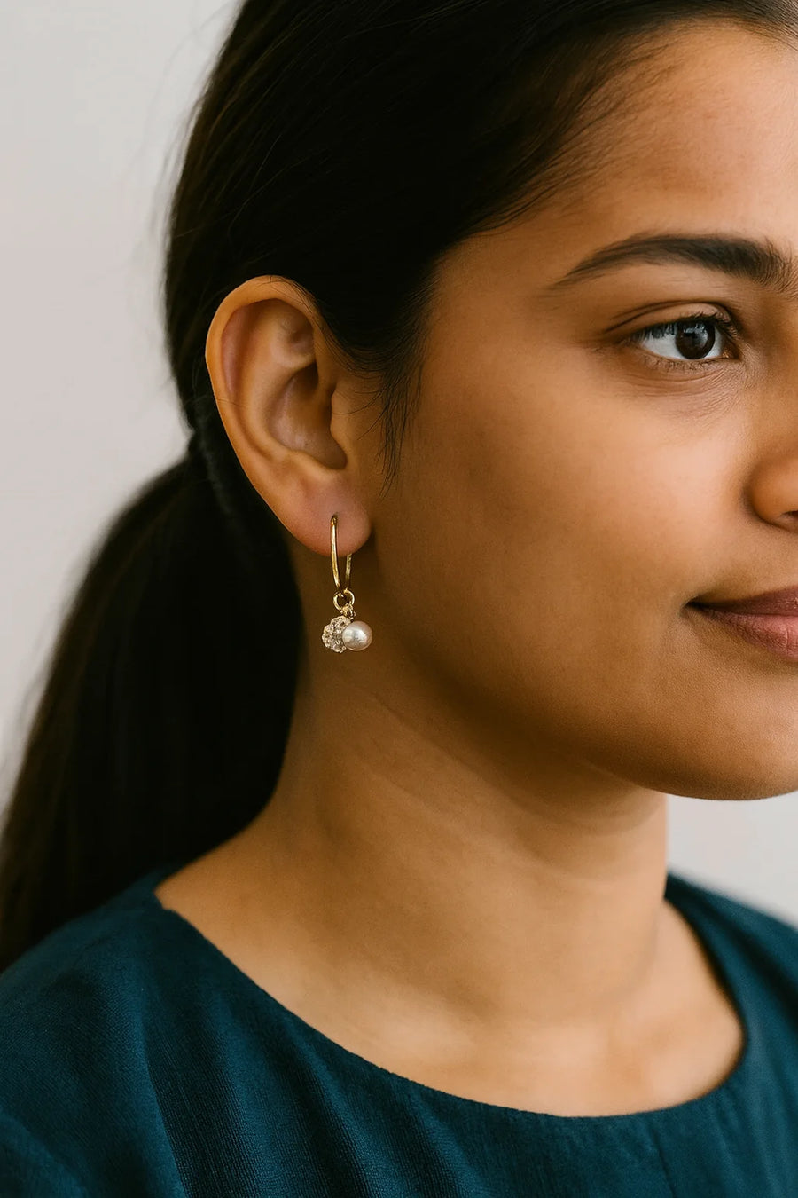 Gold Plated Pearl Hoop Earrings for Women and Girls, CZ Bead Dangler Daily Minimal Fashion Jewellery