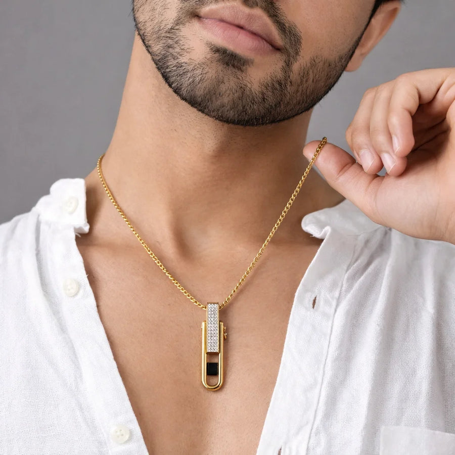 Dual Edge Black Stone 18K Gold Vermeil Pendant