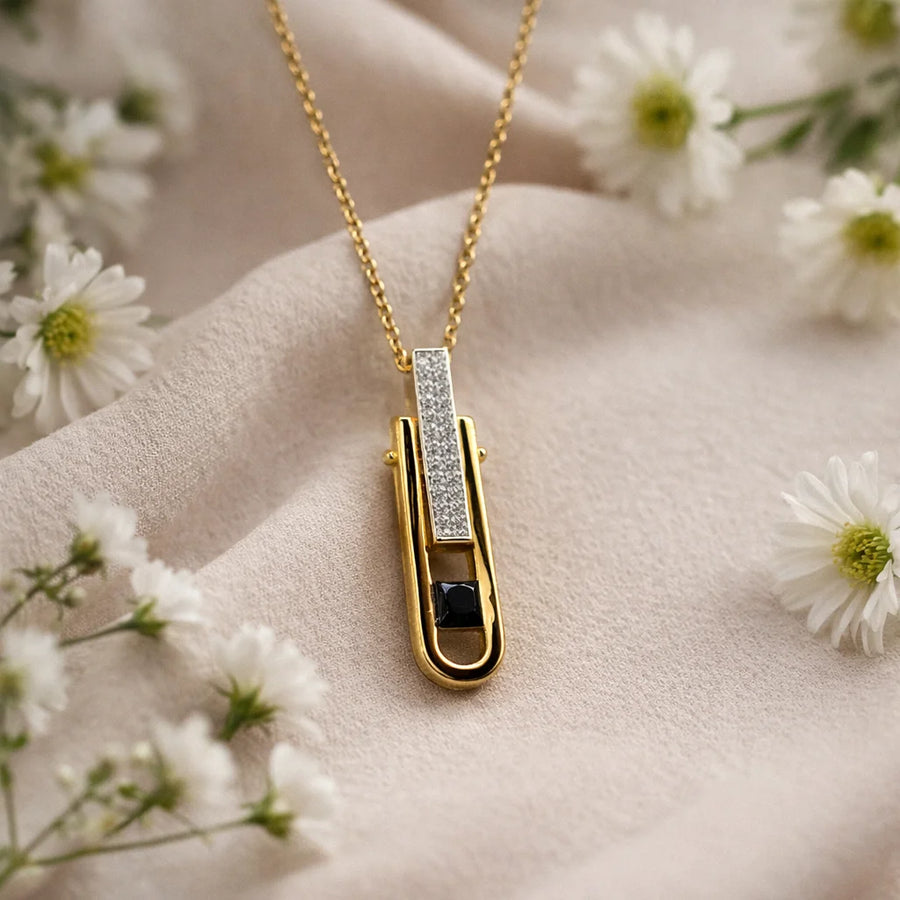 Dual Edge Black Stone 18K Gold Vermeil Pendant