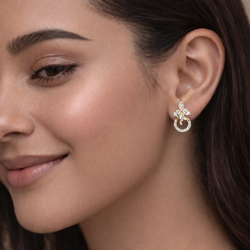 18KT Gold Floral Swirl Marquise Earrings