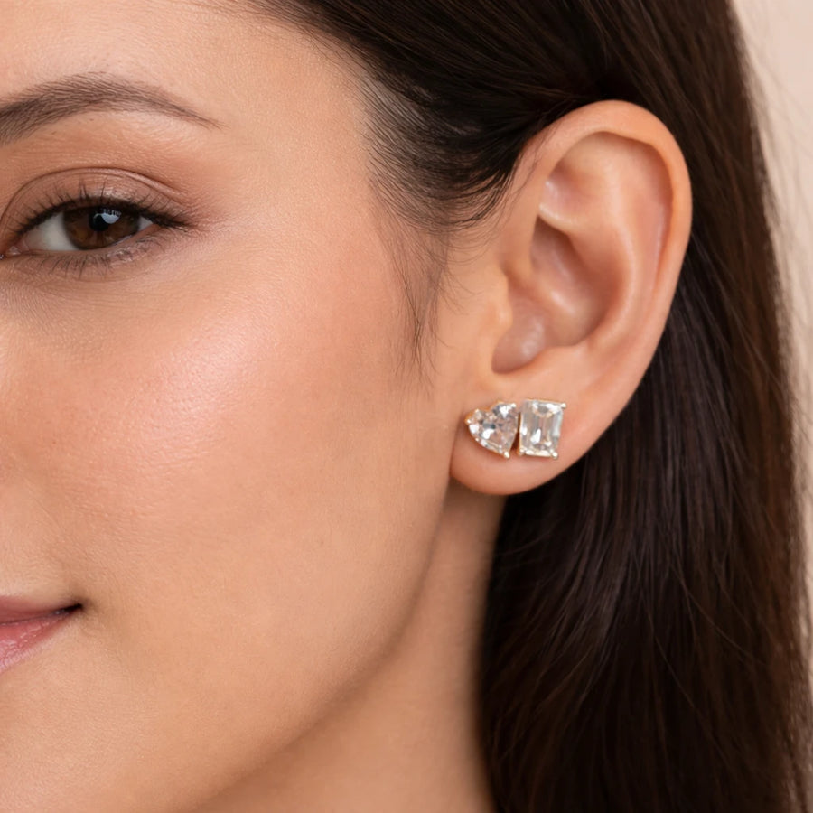 18K Gold Duo-Cut Heart & Emerald Studs
