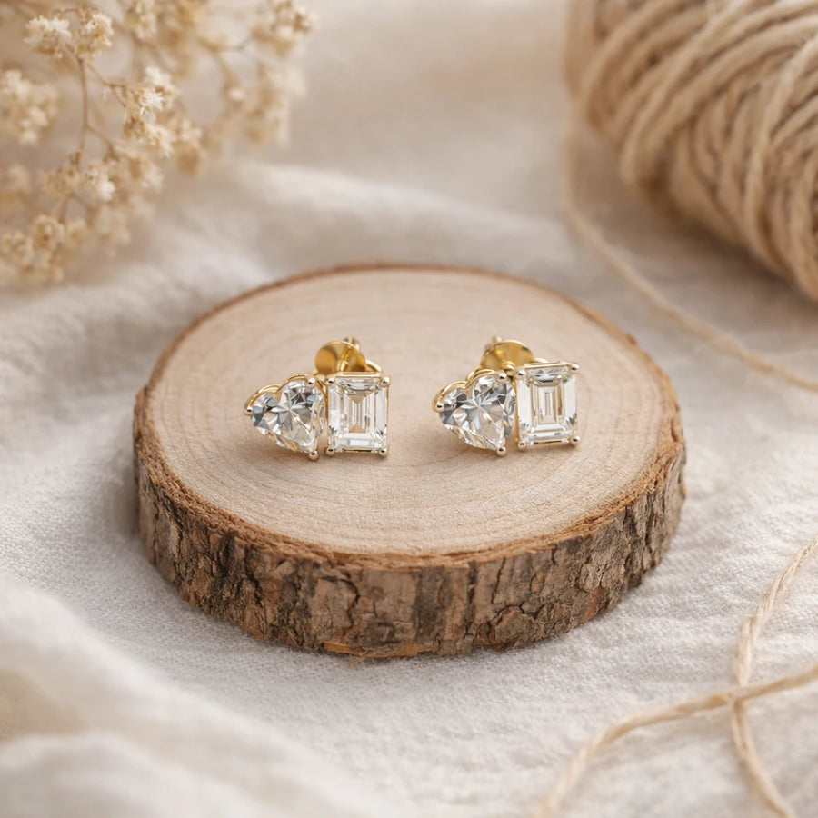 18K Gold Duo-Cut Heart & Emerald Studs