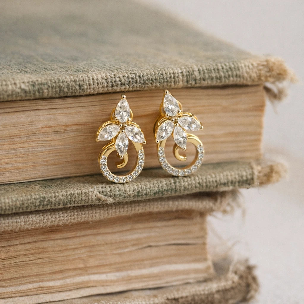 18KT Gold Floral Swirl Marquise Earrings