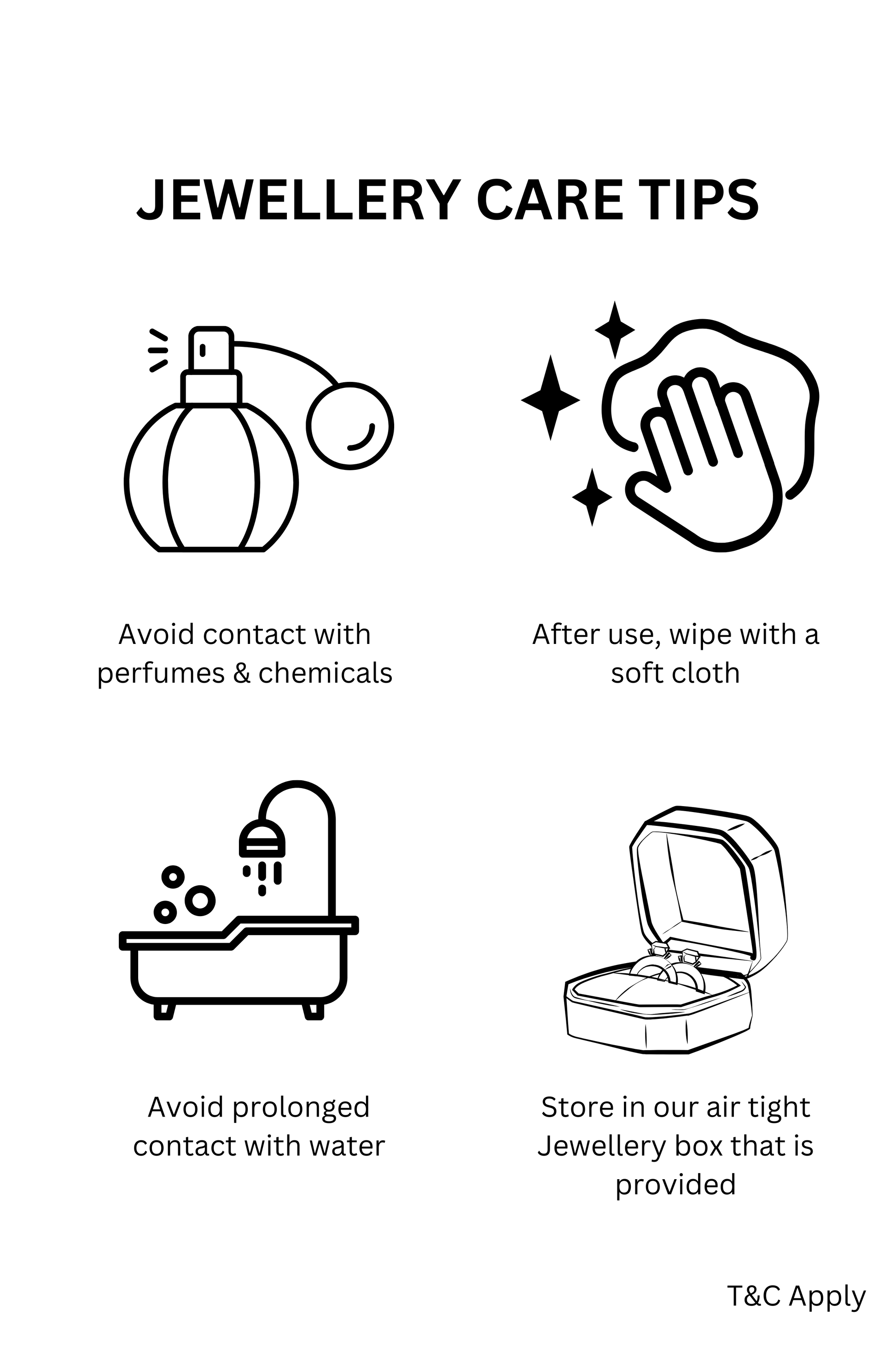 Jewellery care tips with icons and text on a white background