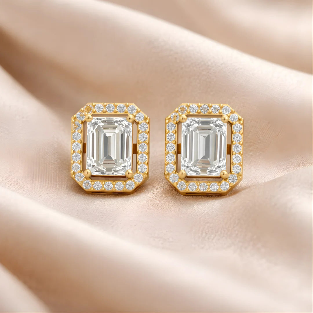 Regal Emerald Halo Stud Earrings 18KT Gold Plated
