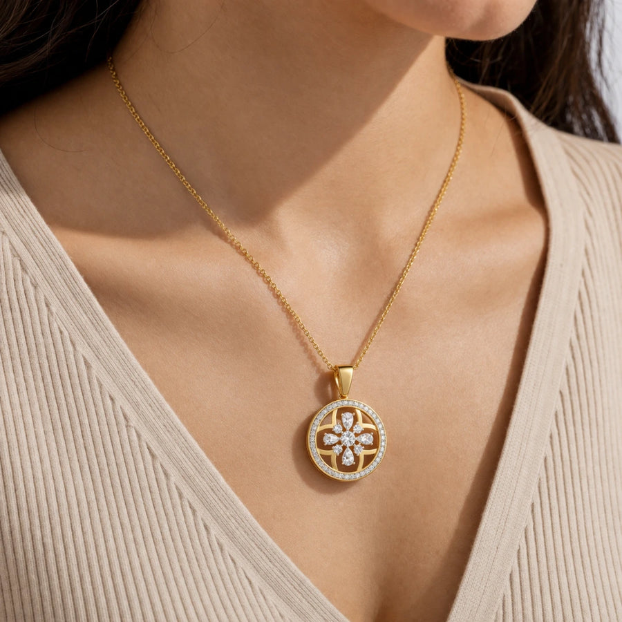 Gold Halo Bloom CZ Medallion Pendant