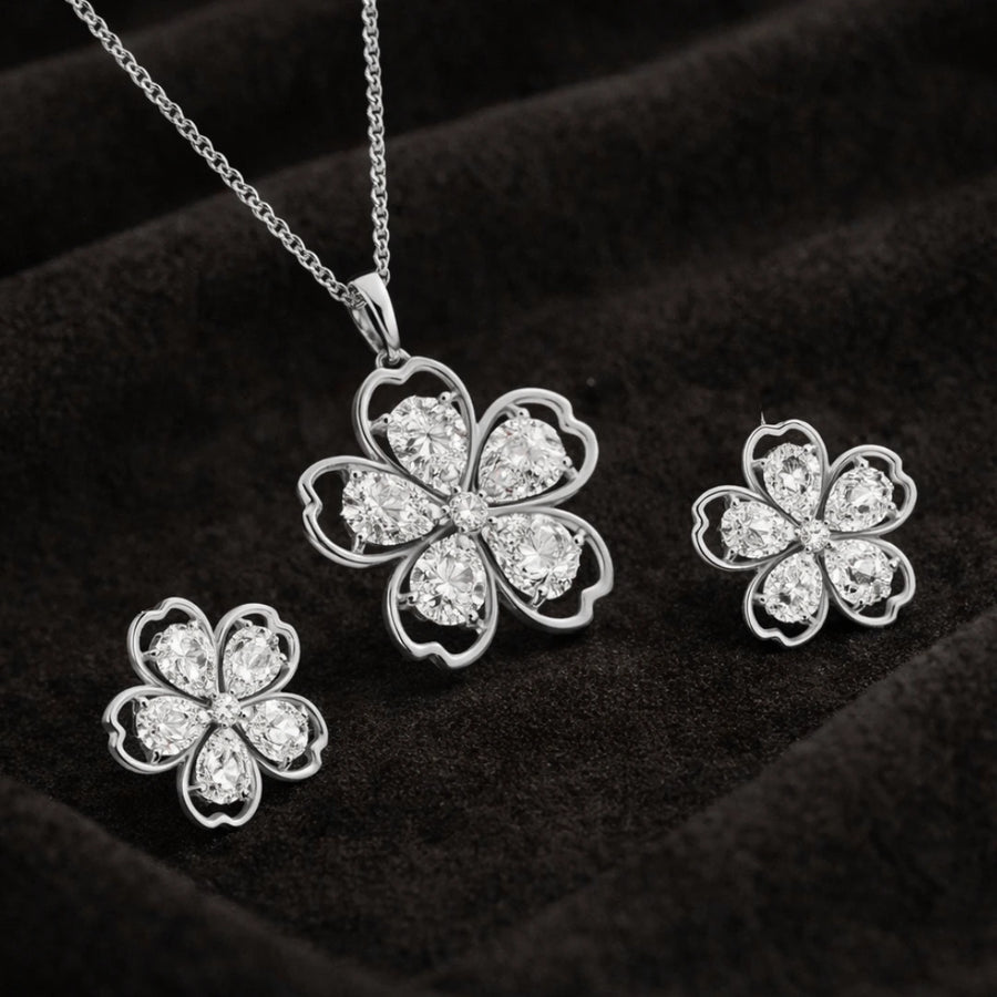 Floral Diamond-Cut Pendant & Earrings Set – 925 Silver