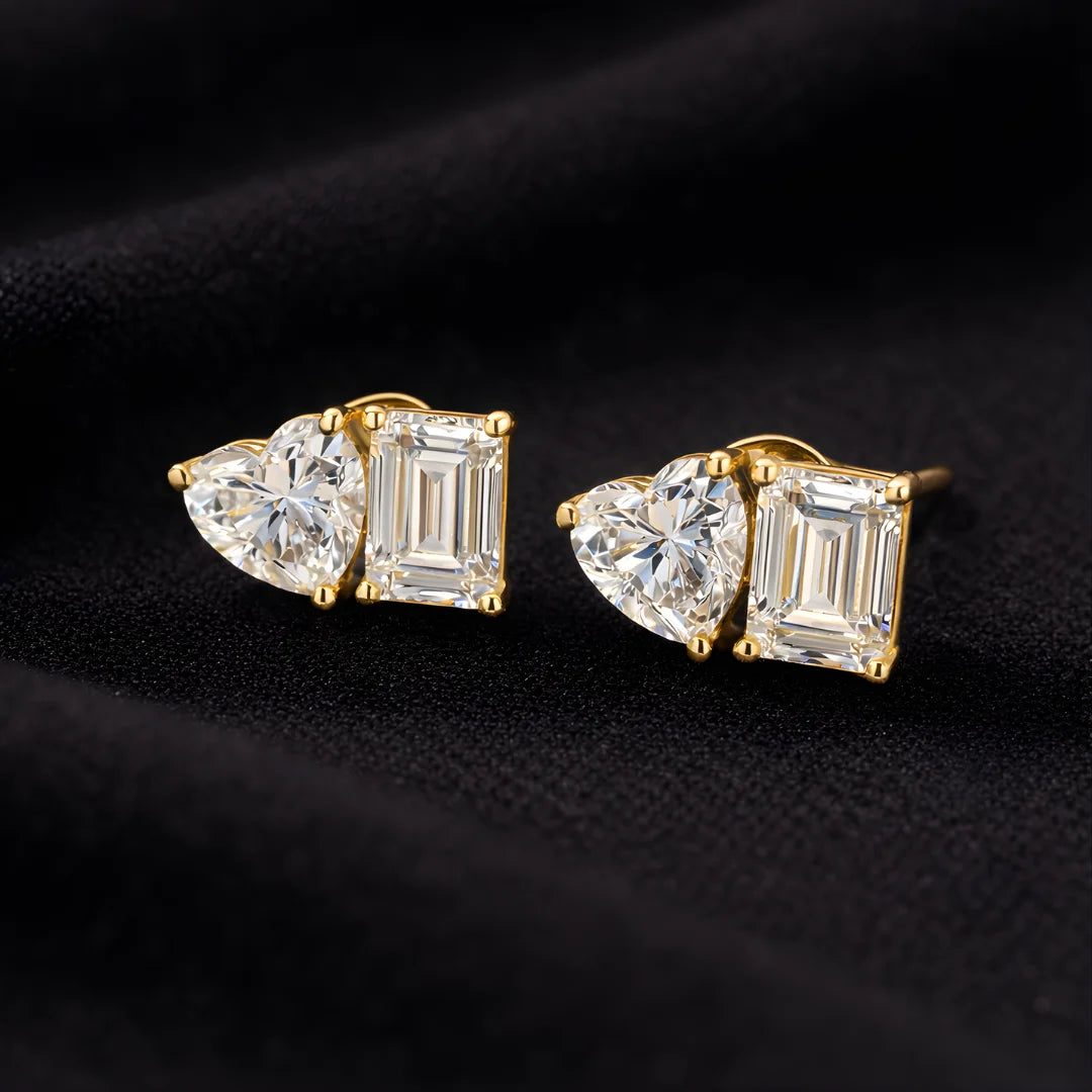 18KT Gold Duo-Cut Heart & Emerald Studs