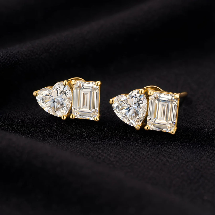 18KT Gold Duo-Cut Heart & Emerald Studs