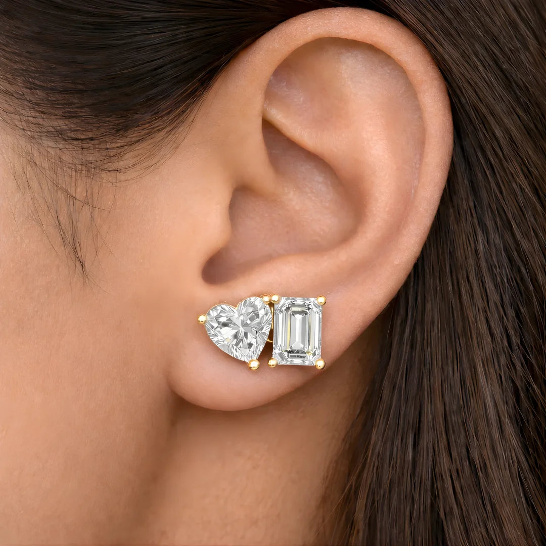 18KT Gold Duo-Cut Heart & Emerald Studs