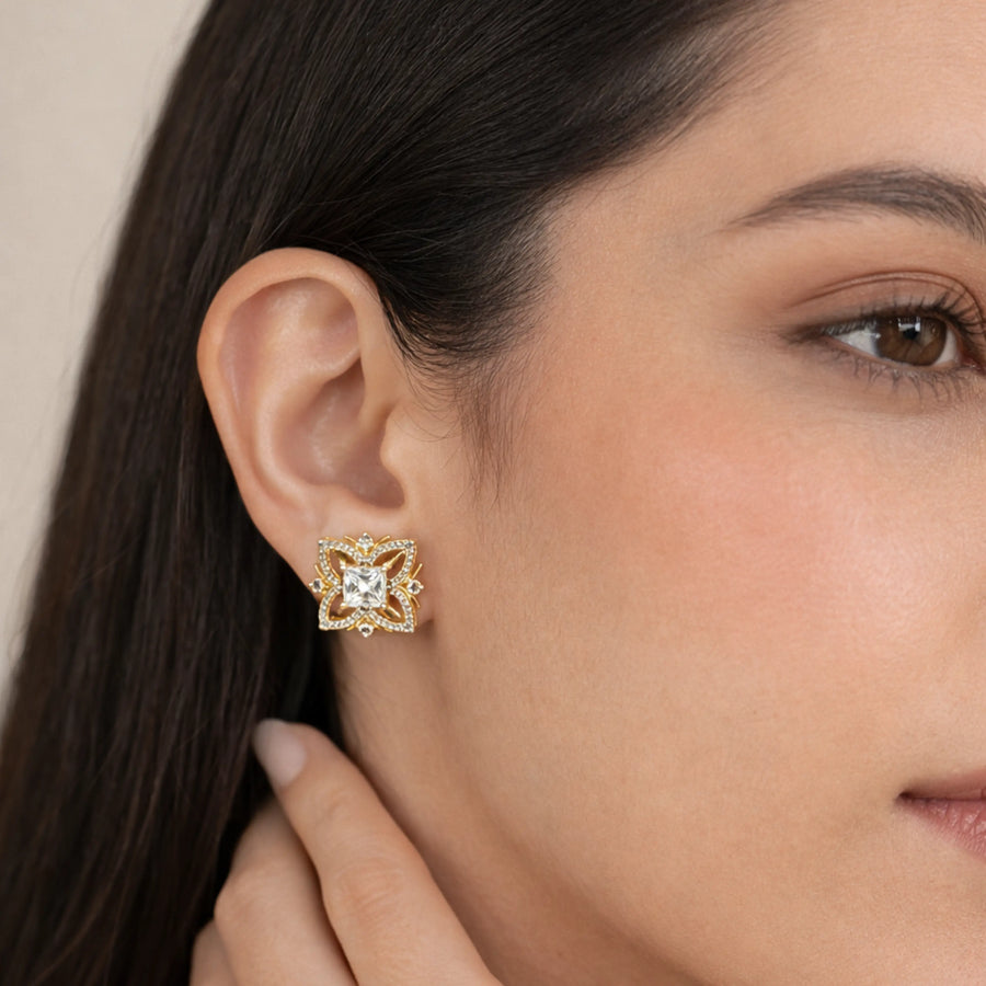18K Gold Floral Square Studs