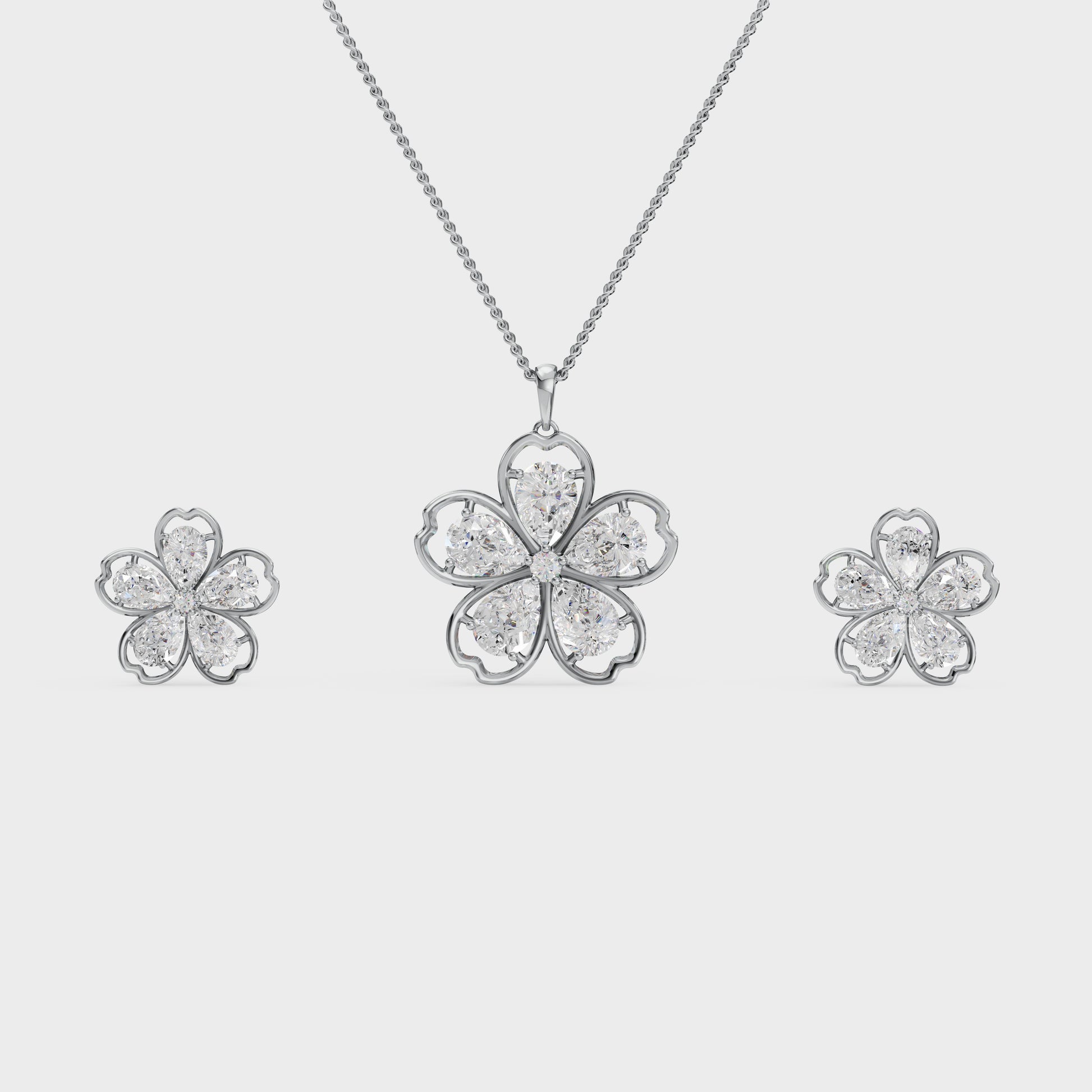Floral Diamond - Cut Pendant & Earrings Set – 925 Silver - 92Five