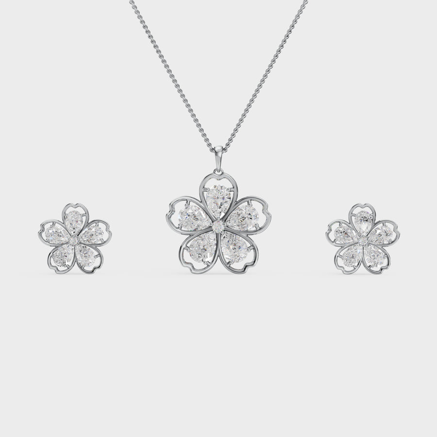 Floral Diamond-Cut Pendant & Earrings Set – 925 Silver