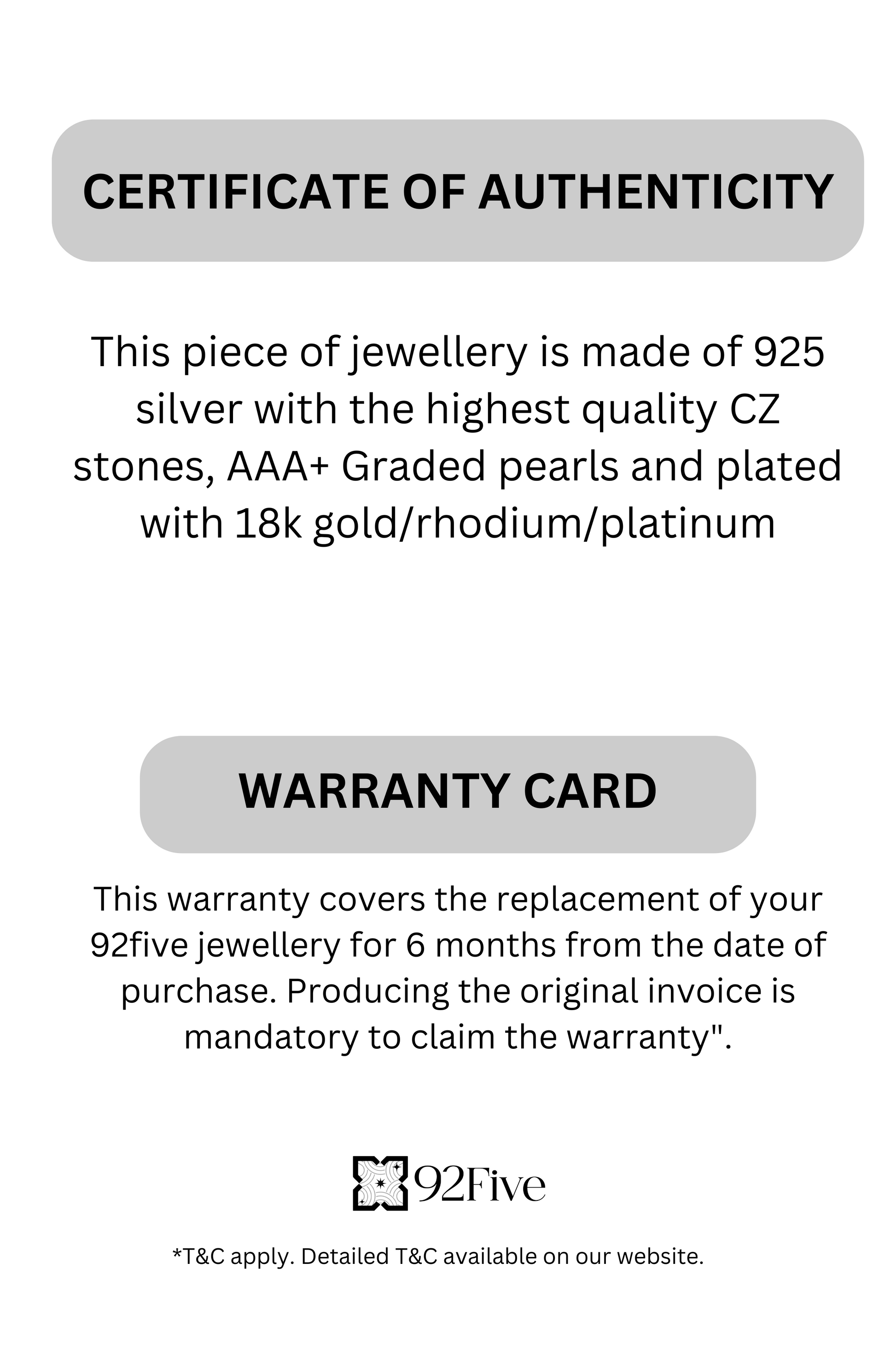Certificate of authenticity and warranty card for a piece of jewelry made with 925 silver, AAA+ graded pearls, and 18k gold/rhodium/platinum.