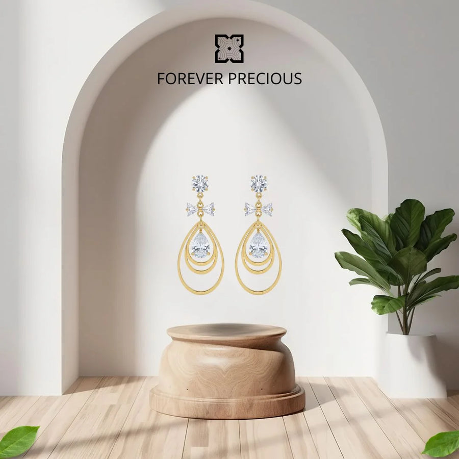 Gold Plated Teardrop CZ Dangler Earrings for Women and Girls, Triple Layer Drop Wear Statement Jewellery, Limited Edition