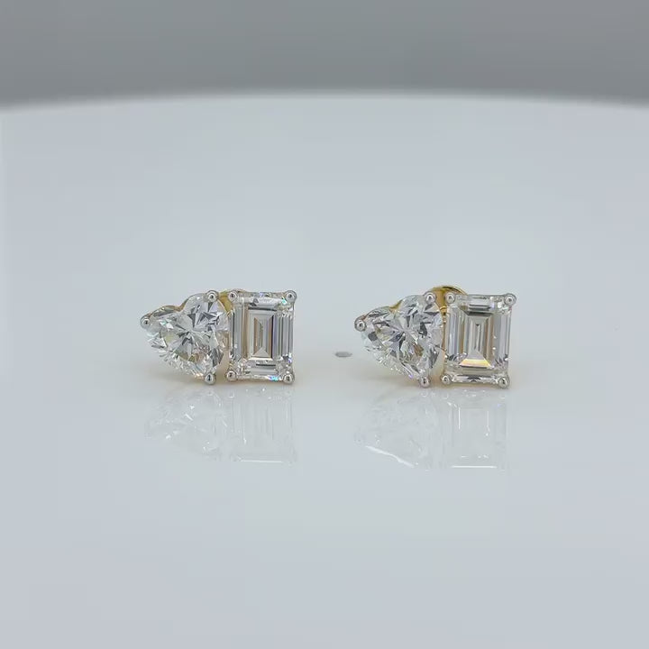 18KT Gold Duo-Cut Heart & Emerald Studs